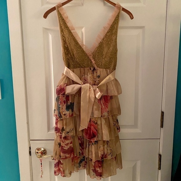 Romantic Tan Floral Ruffle Dress - Picture 5 of 12